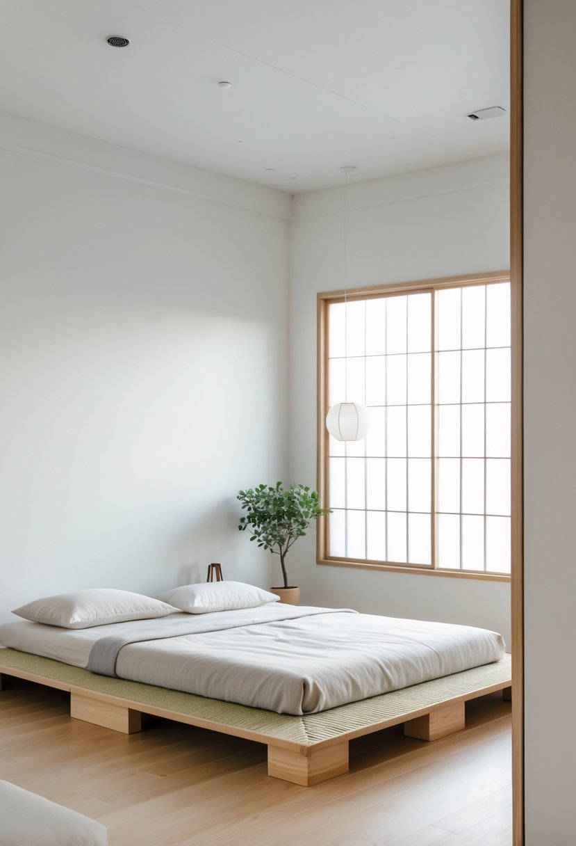 A bright bedroom with a low wooden platform bed, simple bedding, wooden floor, and natural light coming through large windows.
