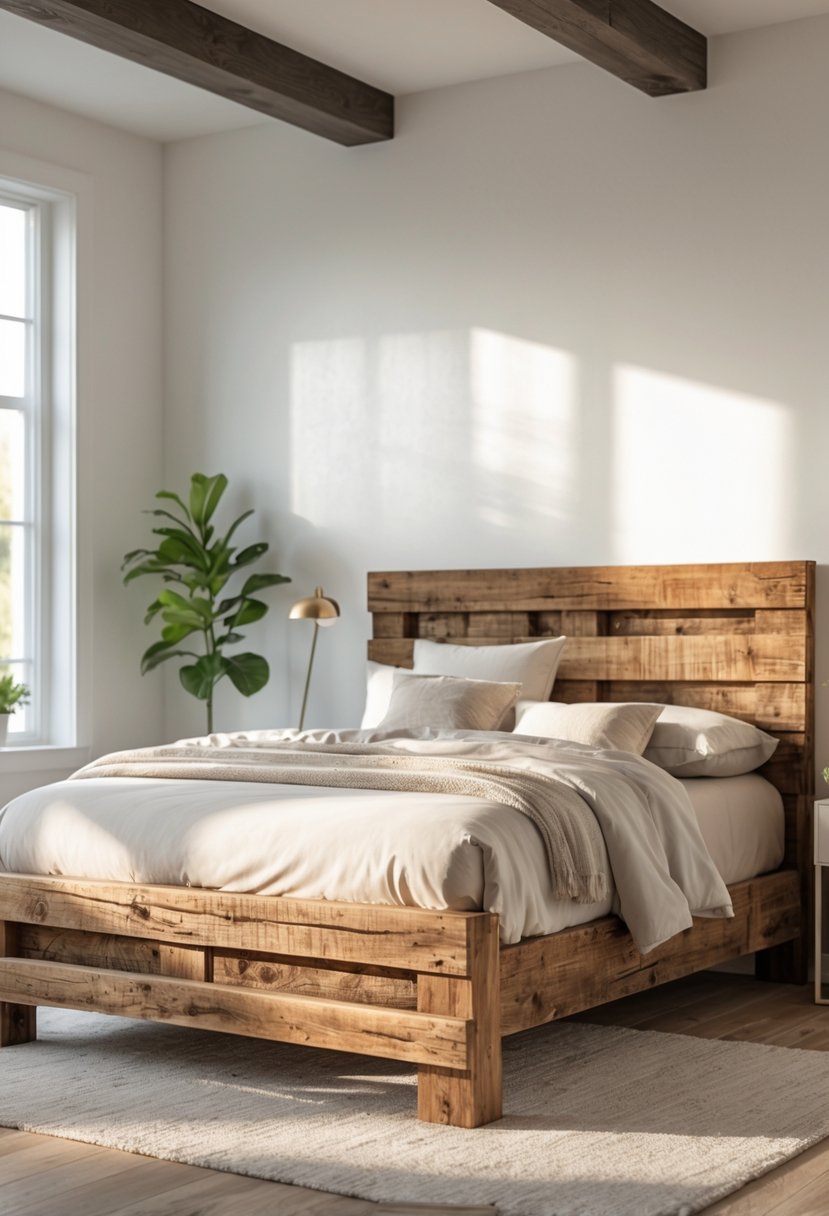 A bedroom with a wooden bed frame, neatly made bed, and natural light coming through the windows.