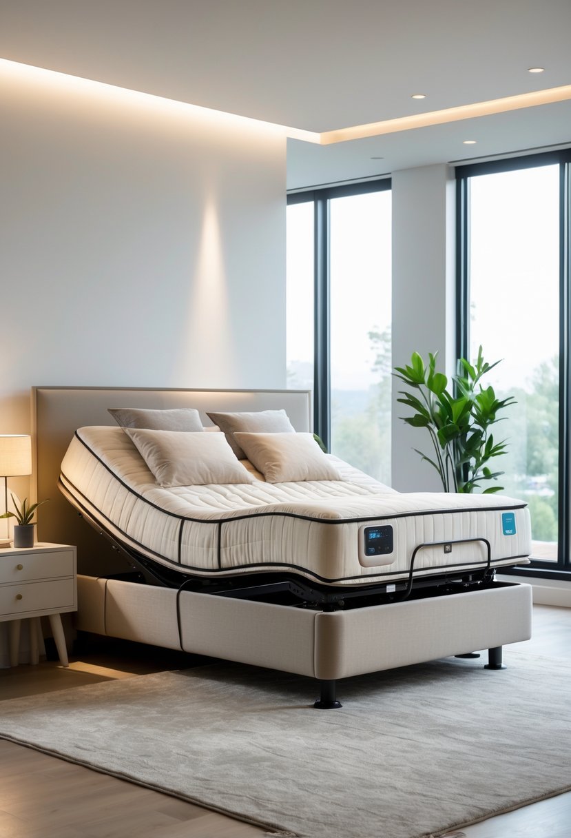 A bedroom with an adjustable electric bed in a reclined position, surrounded by natural light and simple decor.