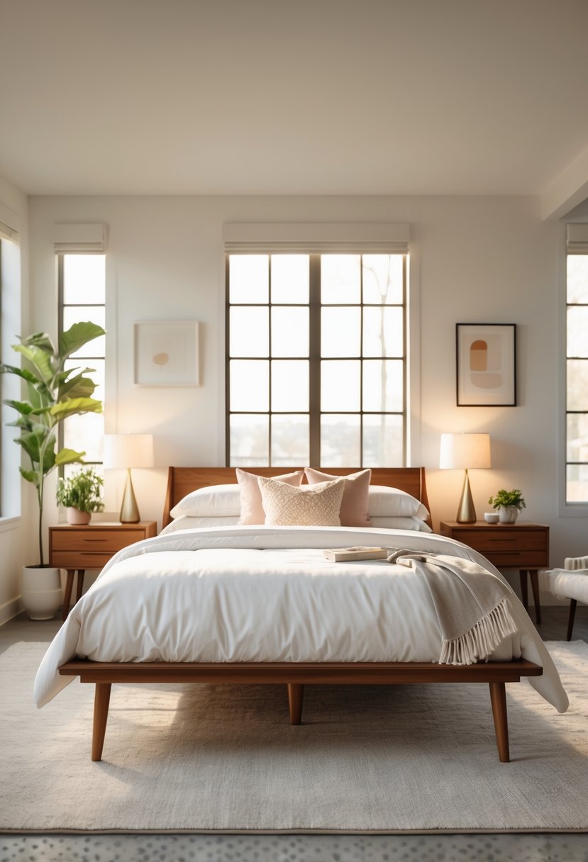 A neatly made bed in a bright bedroom with wooden legs, bedside tables, lamps, and decorative items.