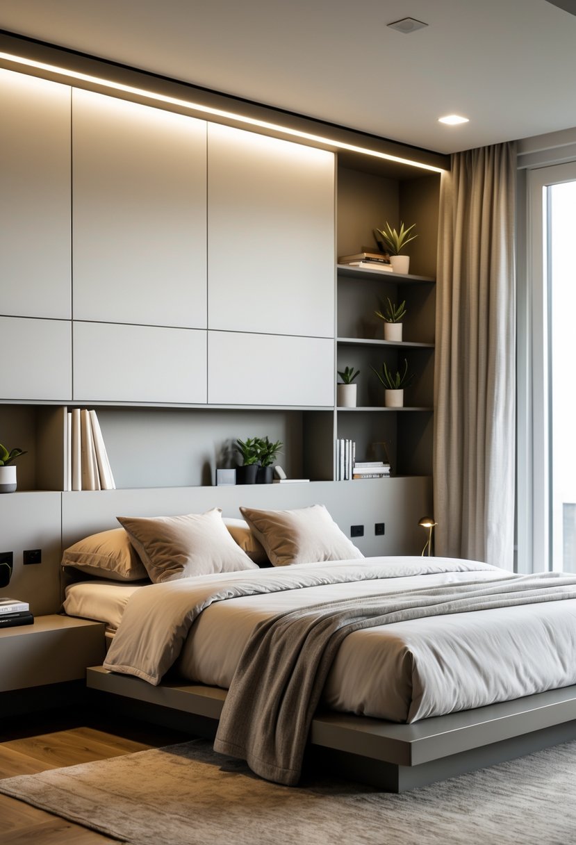 A bedroom with a bed that has built-in shelves holding books and plants, with soft lighting and a cozy atmosphere.