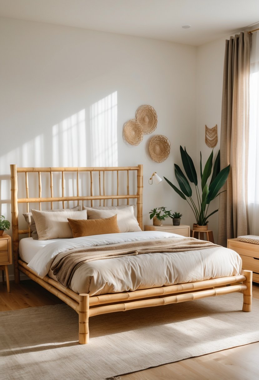 A bedroom with a bamboo bed frame, neatly made bed, natural light, plants, and simple furnishings.