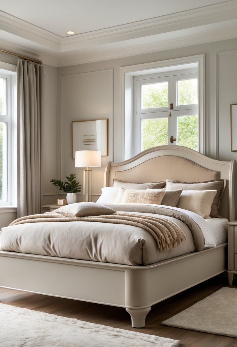 A bedroom featuring a sleigh bed with curved headboard and footboard, dressed with pillows and a duvet, next to nightstands with lamps and a window letting in natural light.