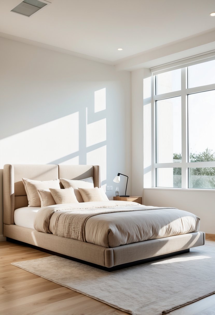 A bedroom with a low profile bed with upholstered sides, natural light, and simple decor.