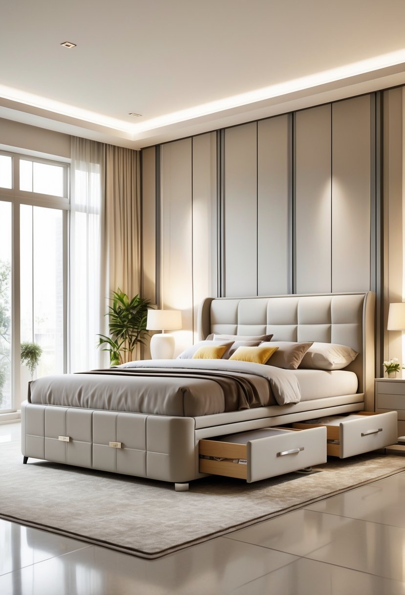 A bedroom with a bed that has open storage drawers underneath, showing neatly arranged bedding.