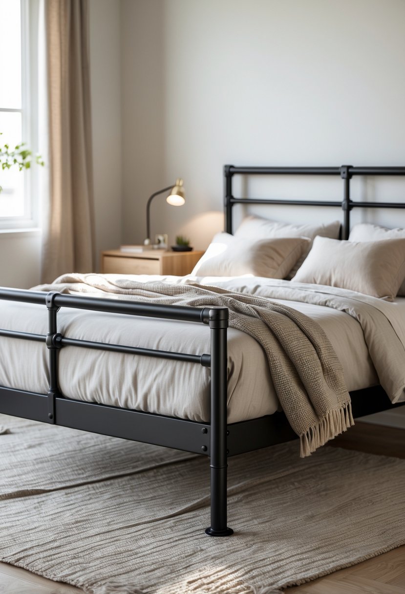 A metal bed with a black frame in a bedroom with bedding, a nightstand, and soft natural light.