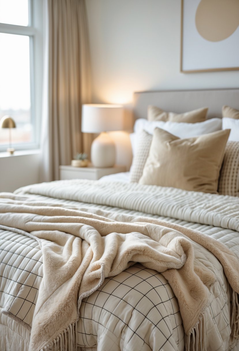 A bed with layered blankets, pillows, and a grid-patterned quilt in a softly lit bedroom.
