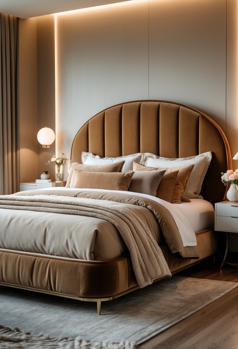 A bedroom with a bed featuring a curved headboard covered in velvet fabric, neatly made with pillows and blankets, and a nightstand with a lamp nearby.