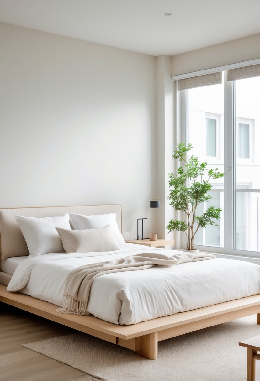 A bright bedroom with a low wooden bed, white bedding, a small nightstand, and a green plant near a large window.