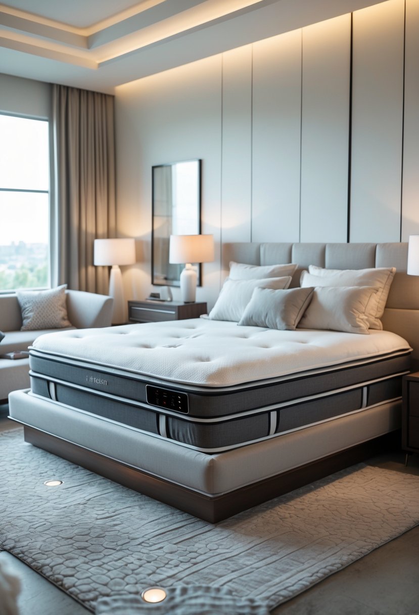 A modern bedroom with a stylish bed featuring sleep-tracking technology, surrounded by bedroom furniture and soft natural light.