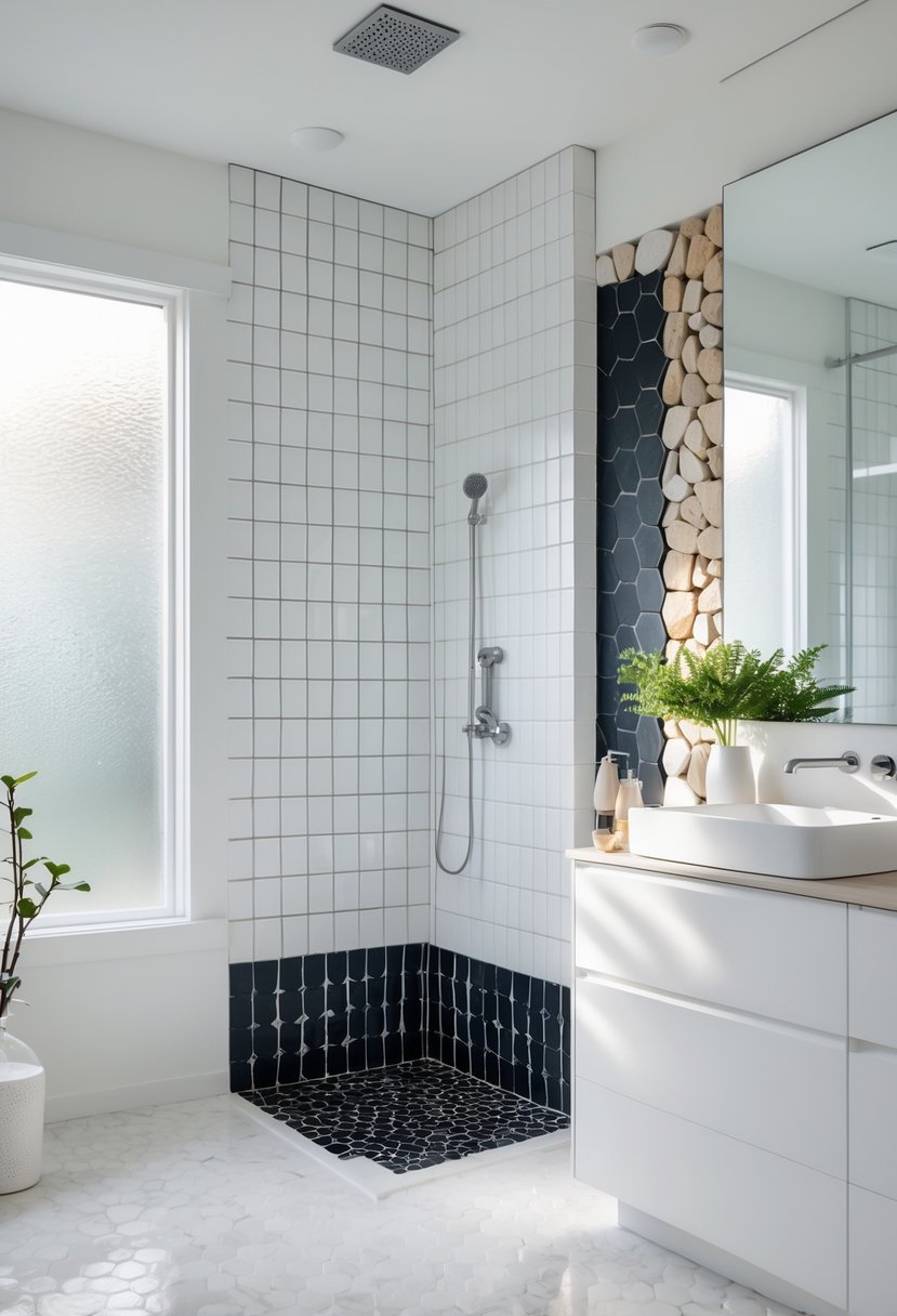 A modern bathroom with a mix of white subway, black hexagonal, and natural stone tiles, featuring a white vanity, large mirror, and natural light.
