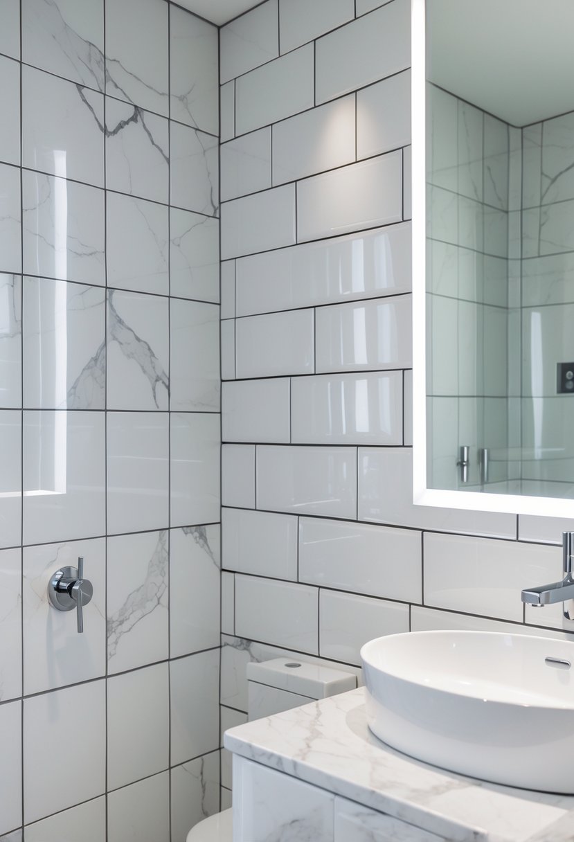 A bathroom wall featuring a combination of white marble tiles and white subway tiles with a sink and faucet visible.