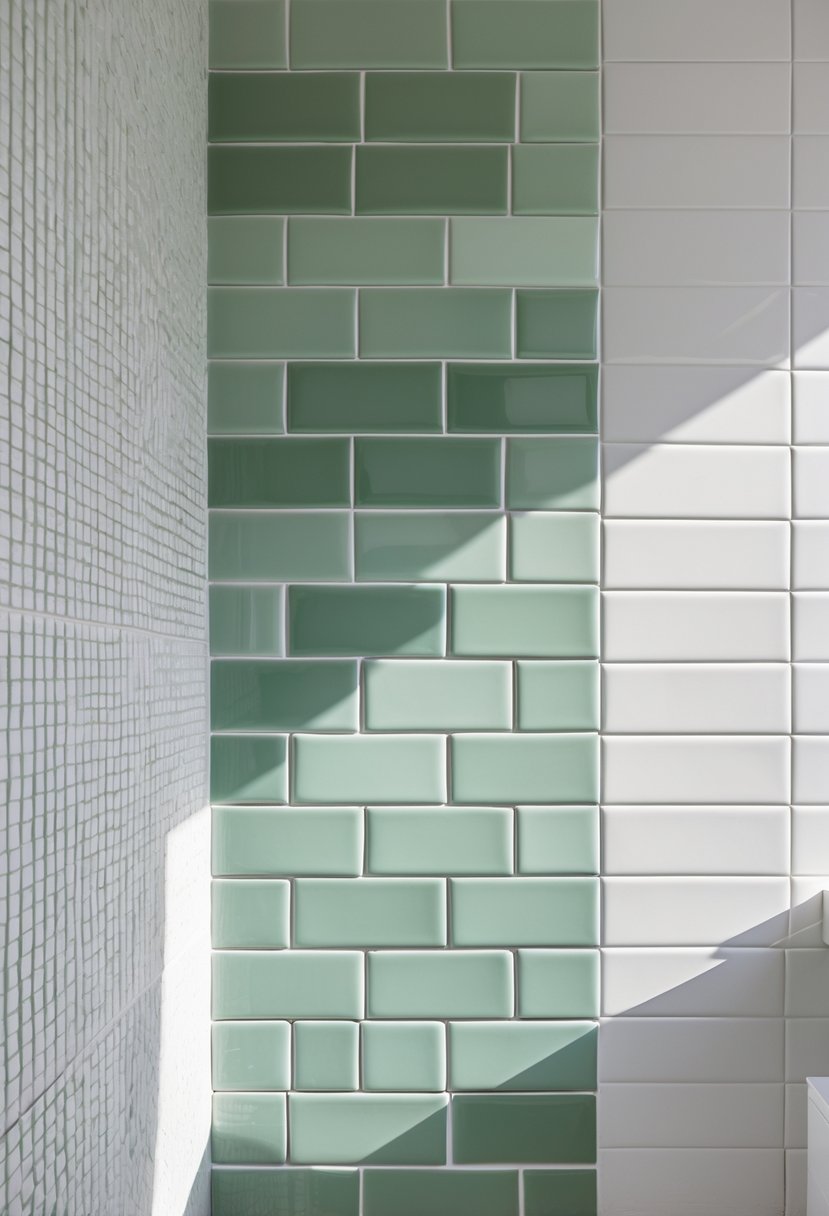 Close-up of a bathroom wall with seafoam green ceramic tiles and textured white tiles arranged in a pattern.