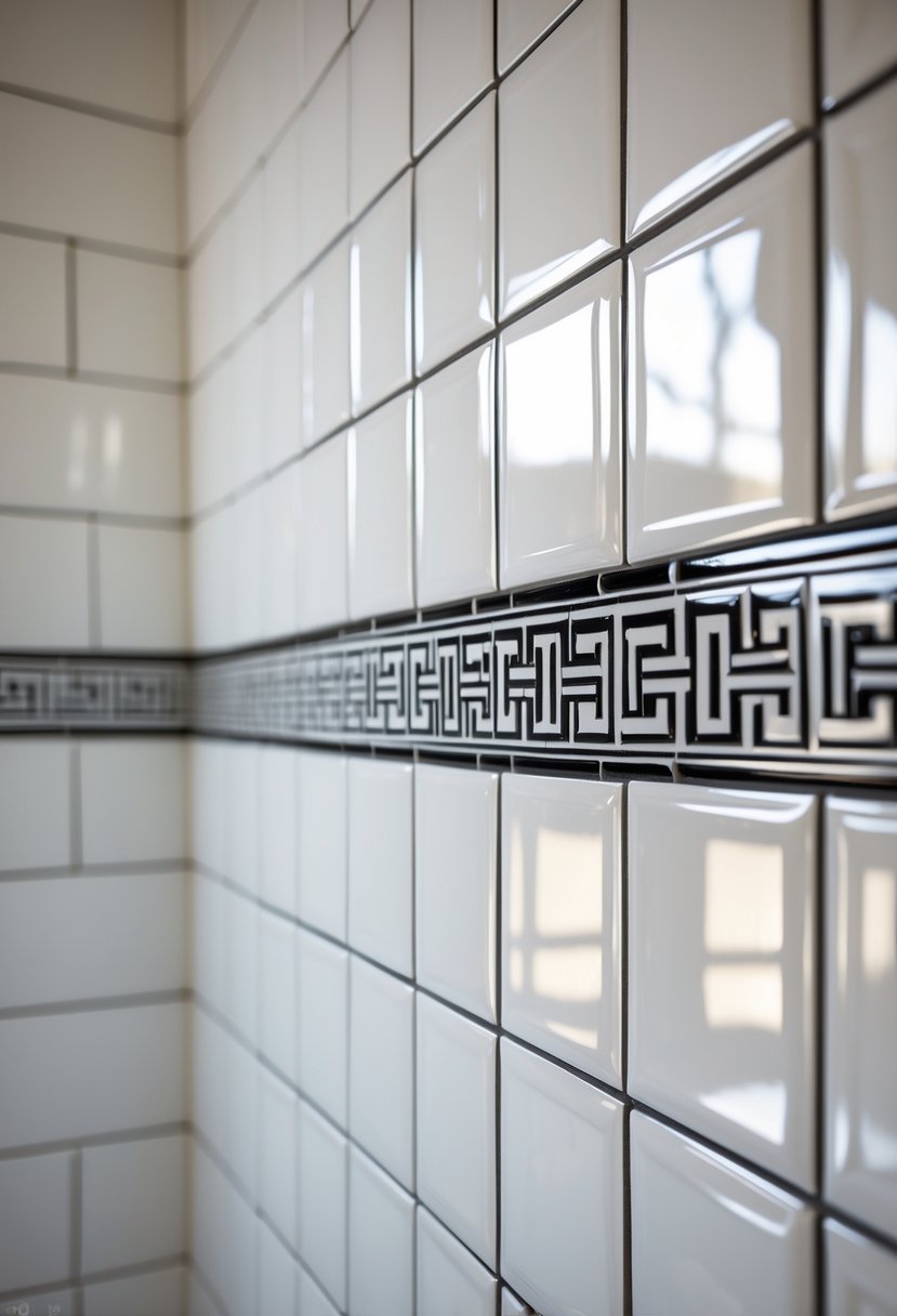 Close-up of white bathroom tiles with a black and white Greek-key patterned border running horizontally.