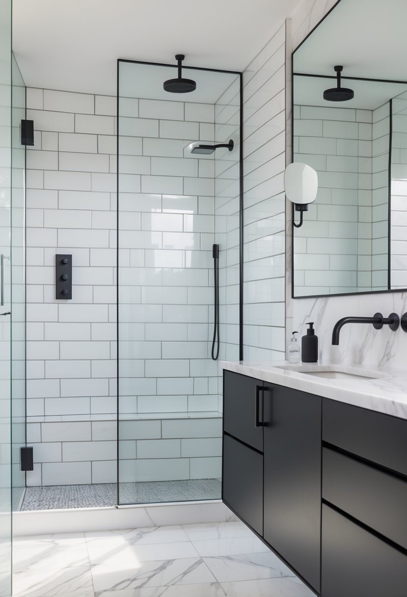 A bathroom interior with white tiled walls and matte black fixtures including a faucet, showerhead, and towel rack.