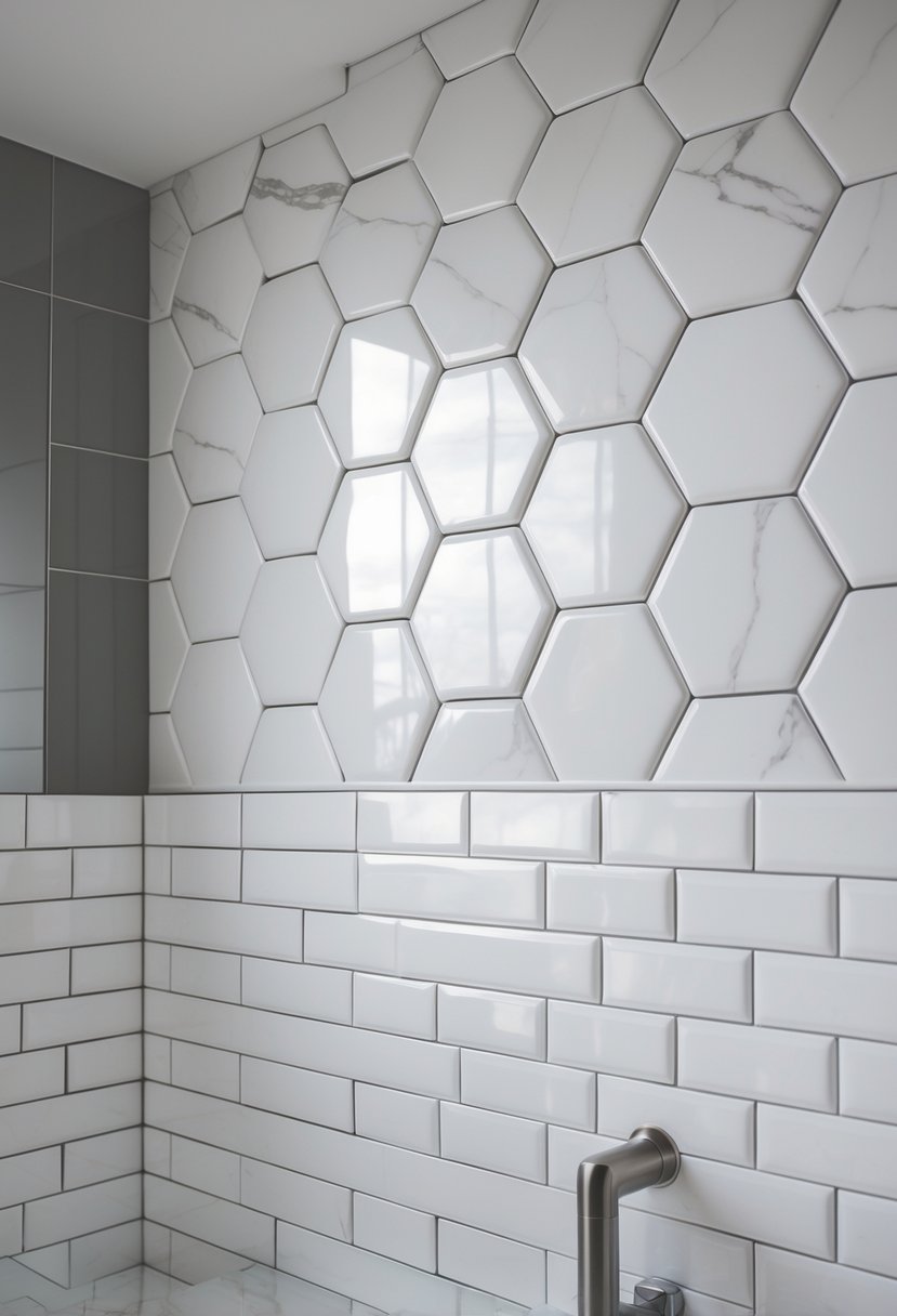 Close-up view of a bathroom wall with white hexagonal and subway tiles arranged together.