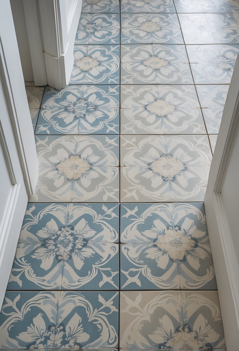 A bathroom floor featuring a mix of patterned and plain neutral-colored tiles arranged in a harmonious design.