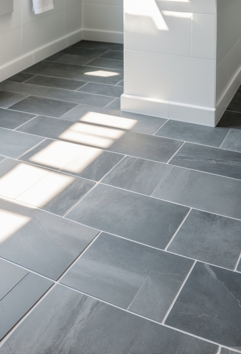 Close-up view of large gray bathroom floor tiles with white grout lines.