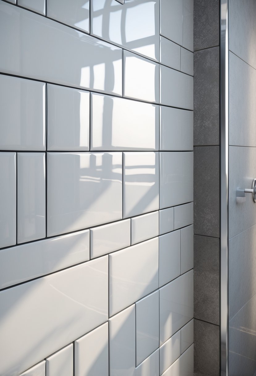 Close-up view of a bathroom wall with glossy white tiles next to matte gray tiles.