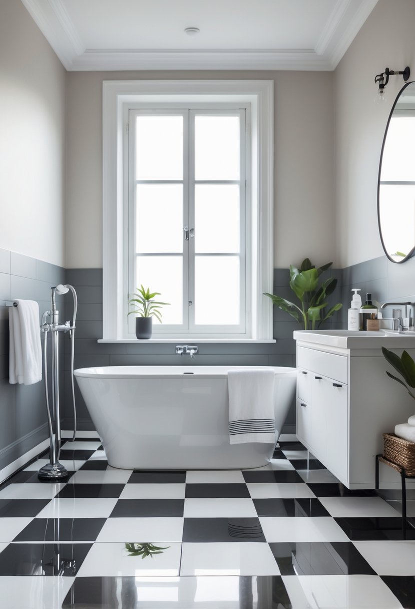 A bathroom with a freestanding bathtub, vanity, and black and white checkerboard floor tiles.