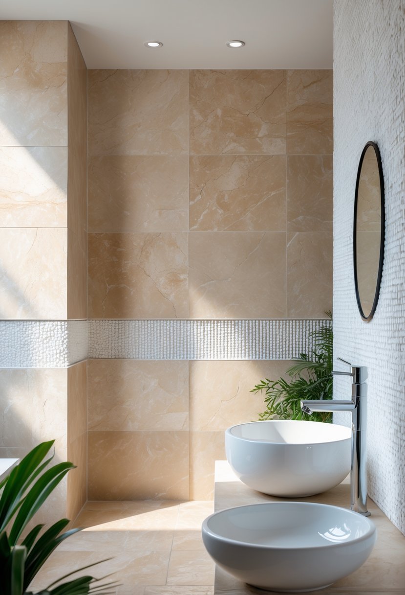 A bathroom wall featuring warm beige travertine tiles combined with white mosaic tiles, with a white sink and a small plant nearby.