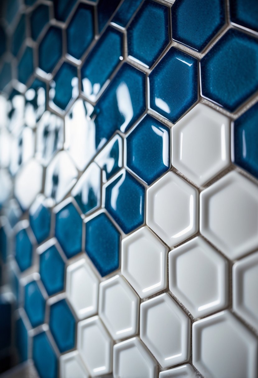 Close-up of a bathroom wall with glossy blue ceramic tiles next to white hexagonal tiles.