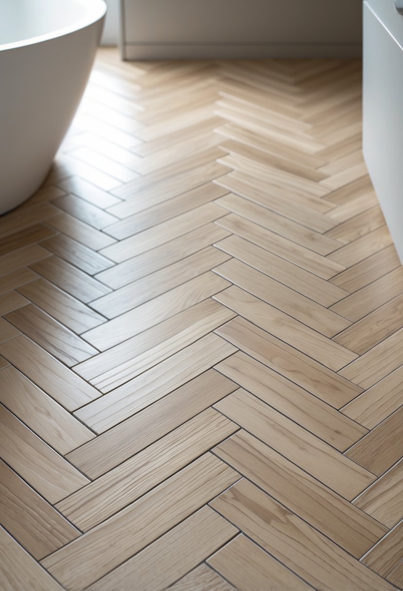 Close-up view of a bathroom floor with light oak tiles arranged in a herringbone pattern.