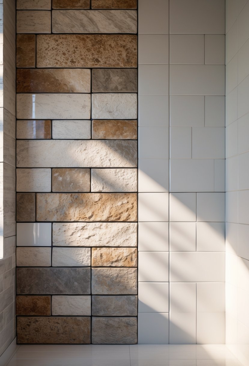 Close-up view of a bathroom wall with textured stone tiles next to smooth ceramic tiles arranged in a clean pattern.