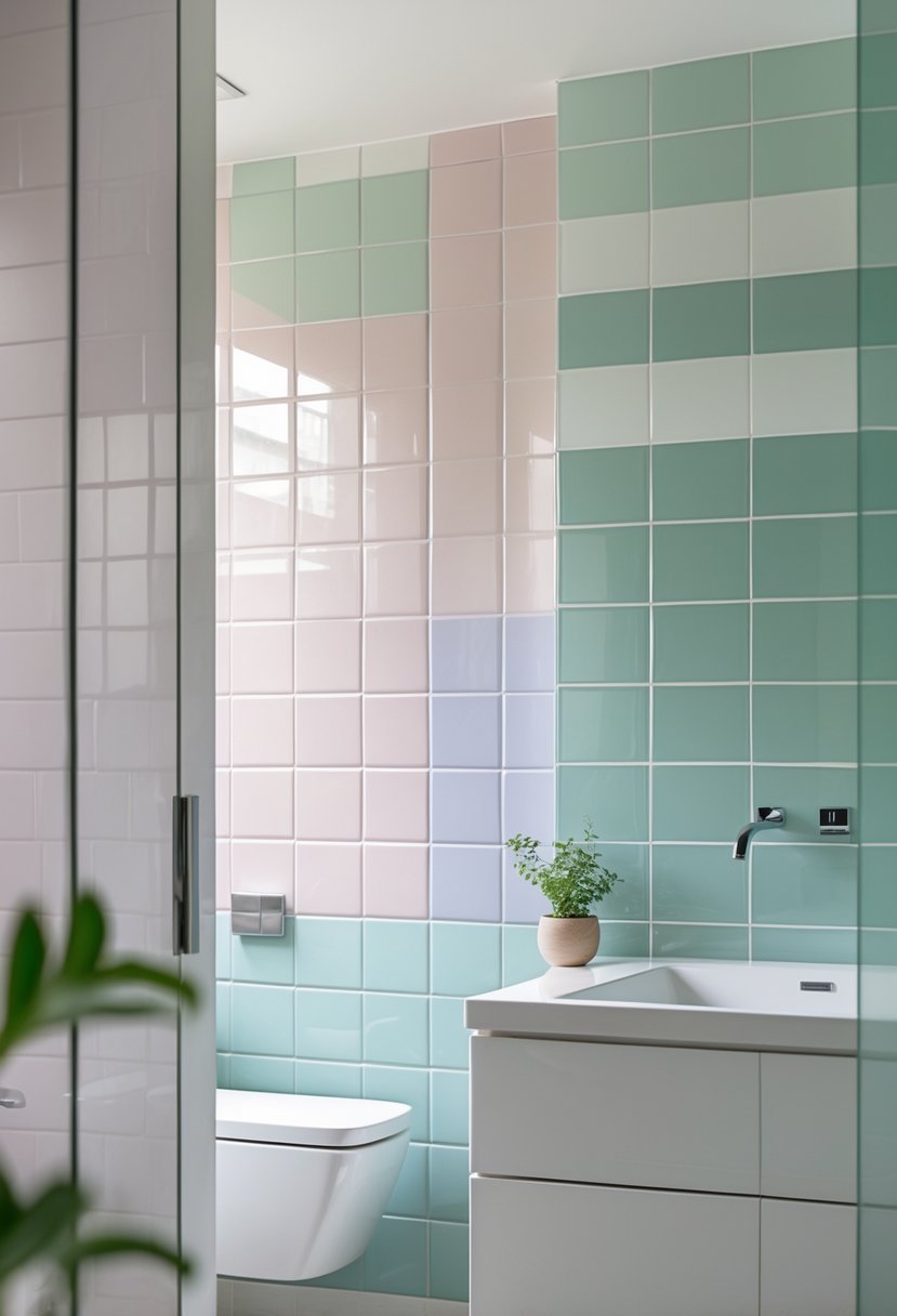 A bathroom wall featuring a mix of soft pastel and bright white tiles with a bathroom vanity and a small plant nearby.