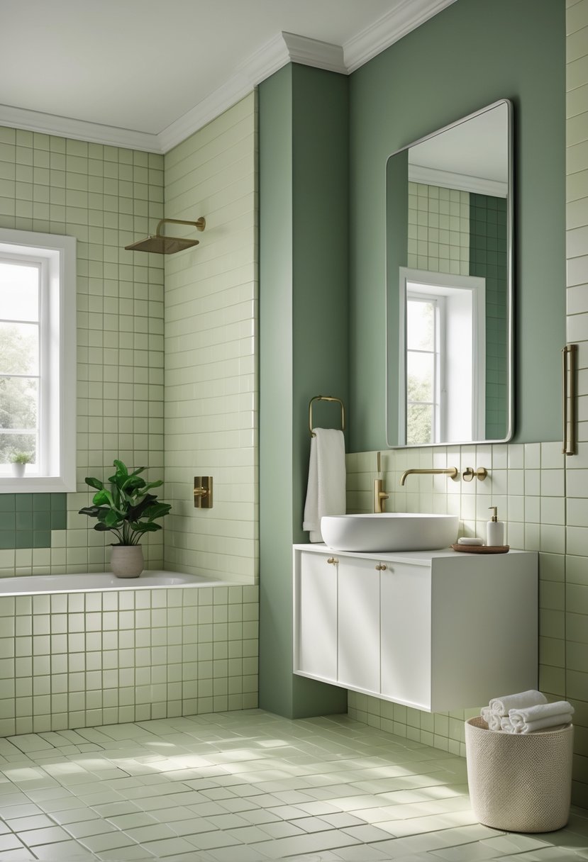 A bathroom interior with muted green walls and cream ceramic tiles, featuring a white vanity, mirror, and bathroom accessories.