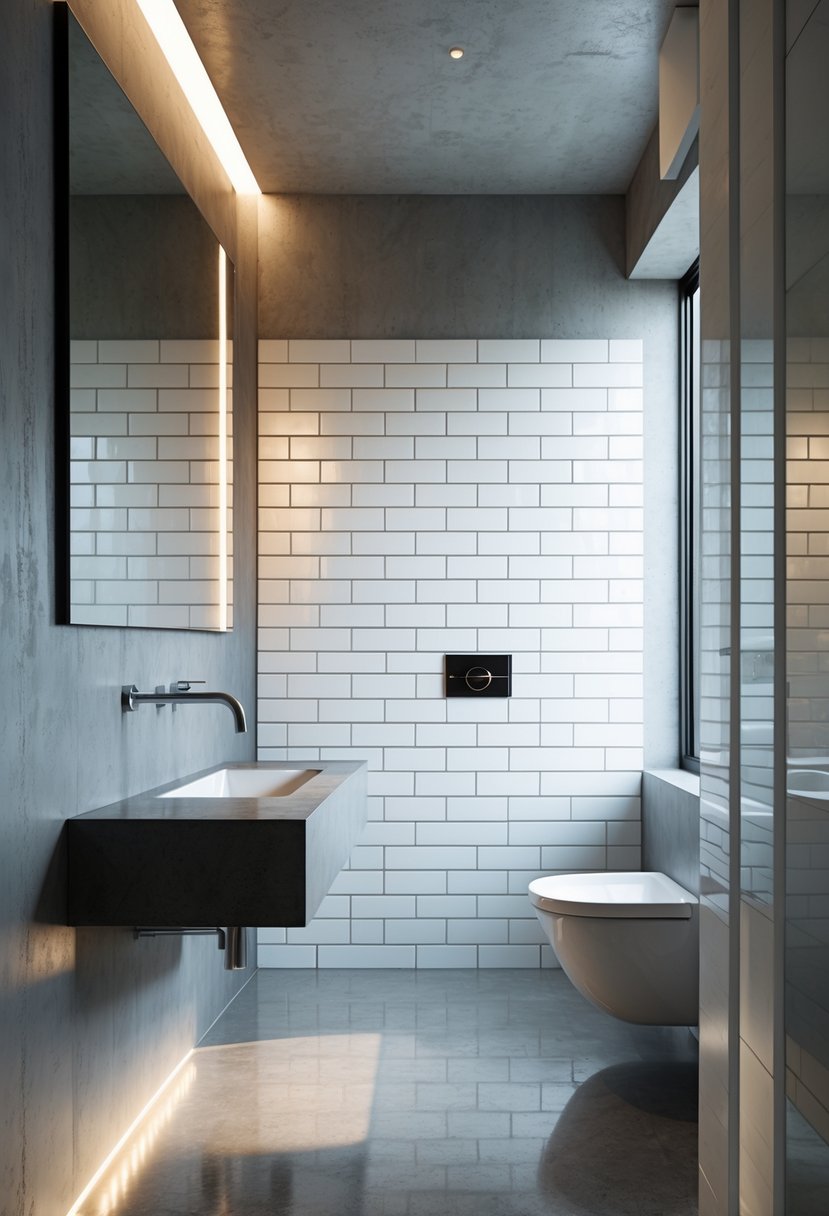 A modern bathroom with polished concrete floors and walls alongside white subway tiled walls, featuring a wall-mounted sink and a frameless mirror.