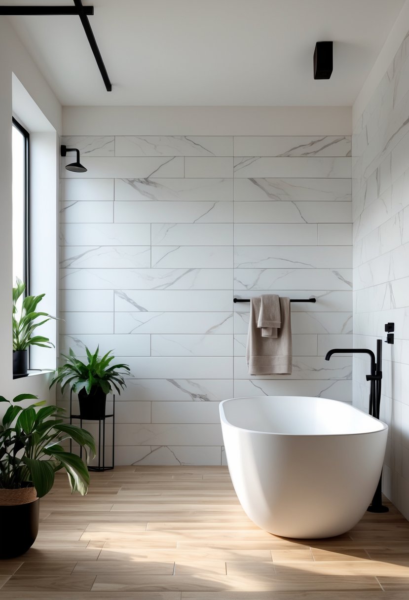 A bathroom with wood-look floor tiles, white marble walls, a freestanding bathtub, black fixtures, and green plants.