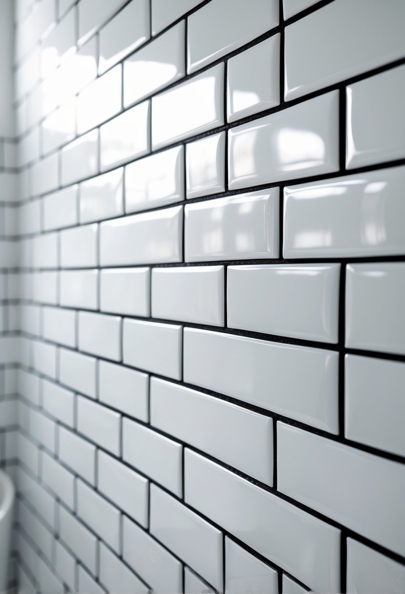 Close-up of a bathroom wall tiled with white rectangular tiles and dark grout lines.