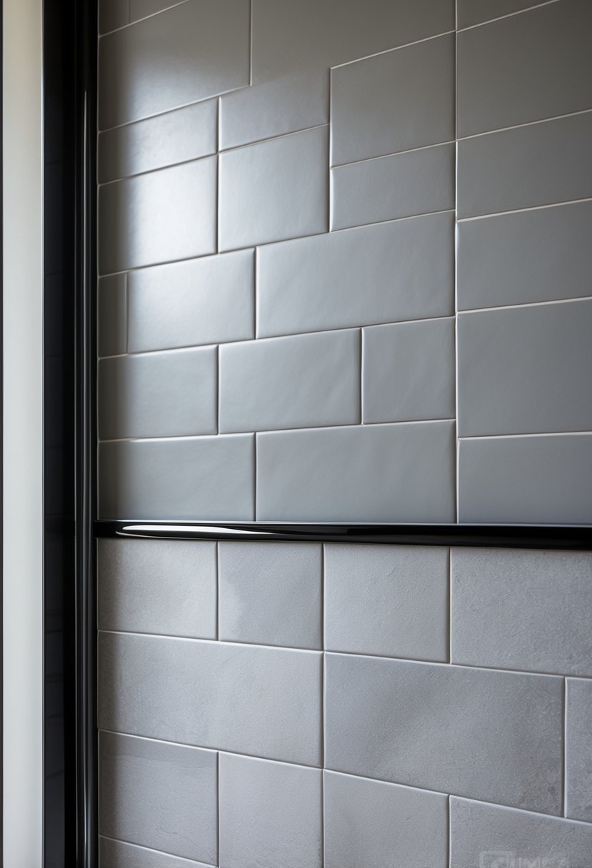 Close-up view of a bathroom wall with soft gray tiles and glossy black trim accents.