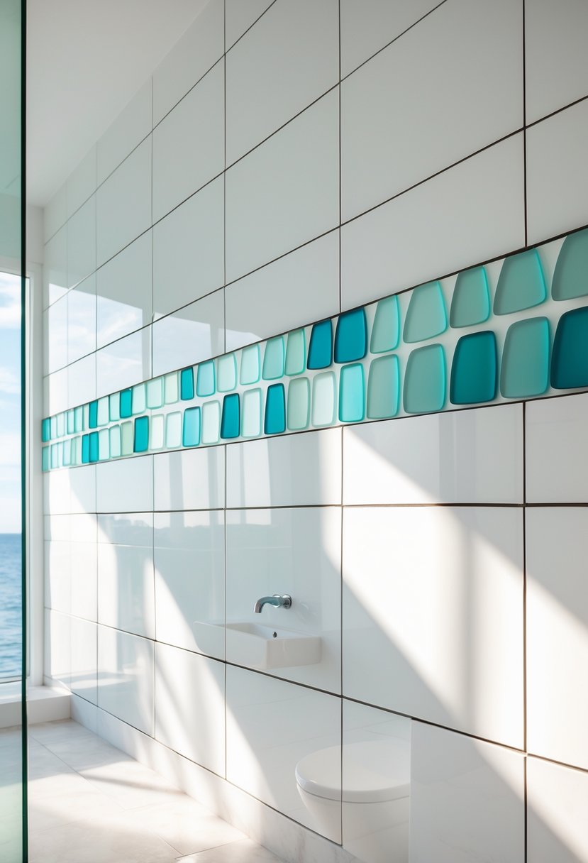 A bathroom wall with white tiles and a horizontal strip of blue and green sea glass tiles as an accent.