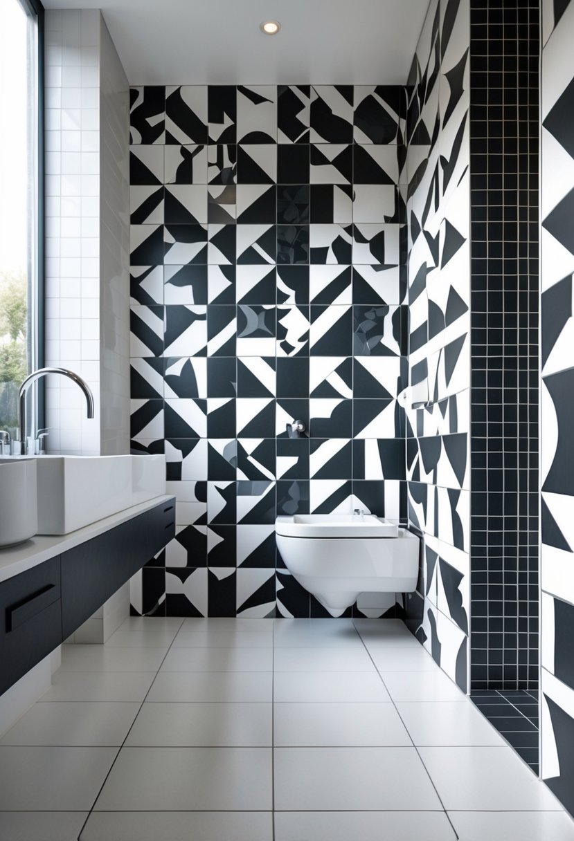 A bathroom corner with bold geometric patterned wall tiles and plain white floor tiles, featuring a white sink and chrome fixtures.