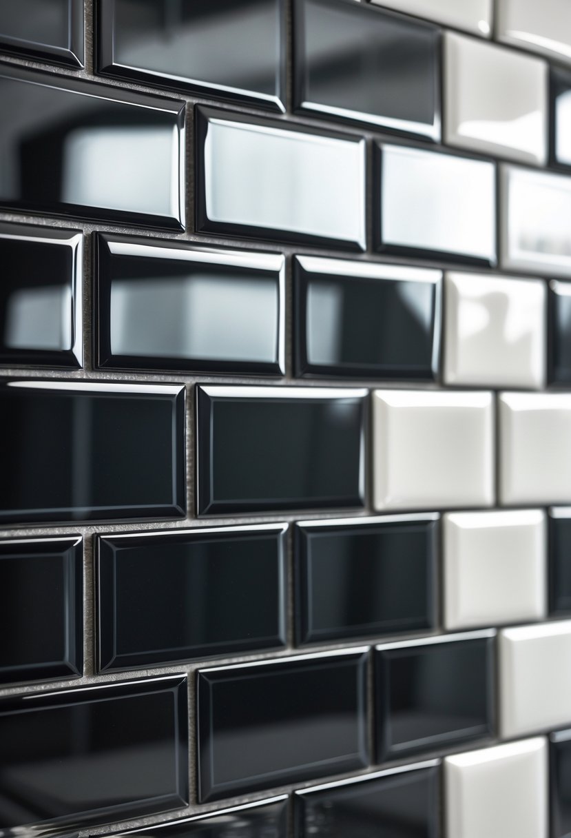 Close-up view of a bathroom wall with black rectangular tiles next to white hexagonal tiles.