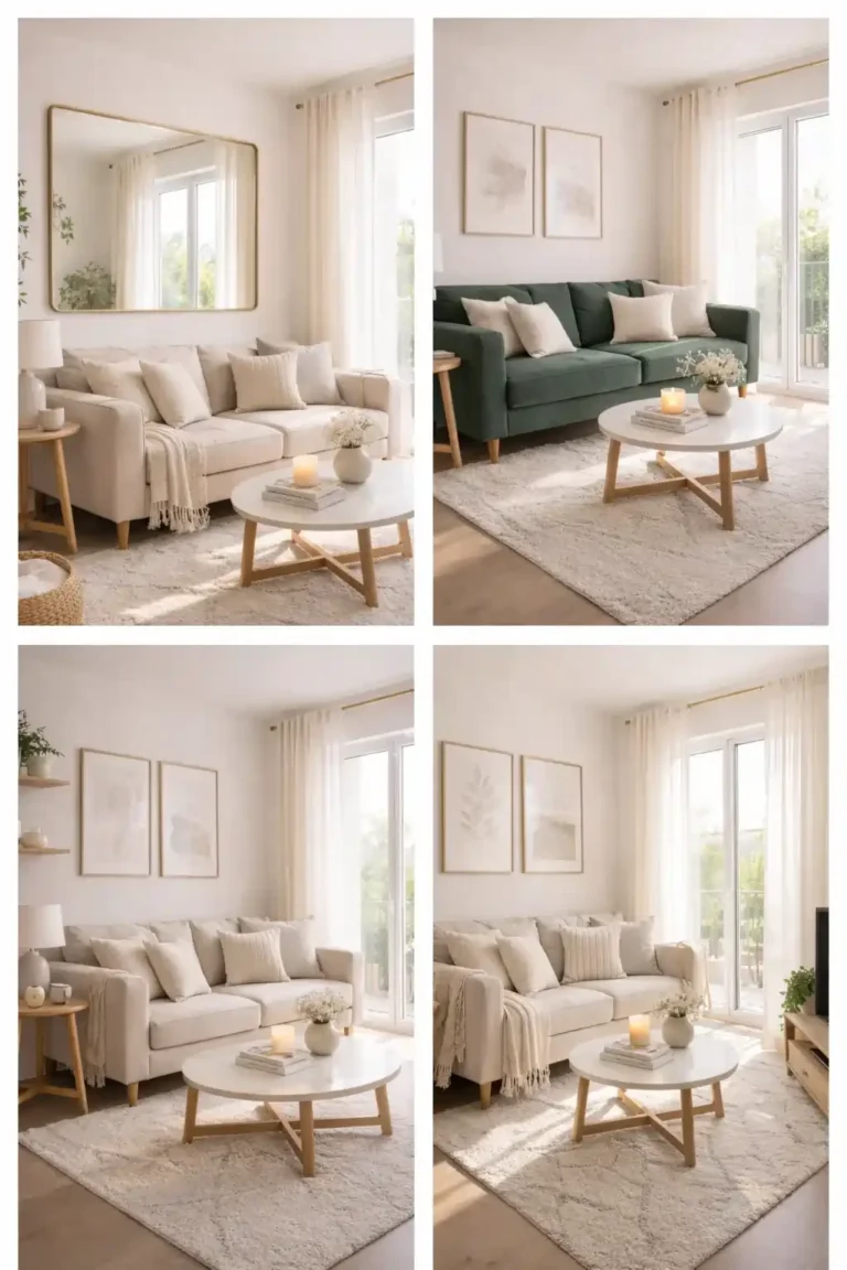 Modern apartment living room collage with cozy neutral decor, natural light, and stylish small space design