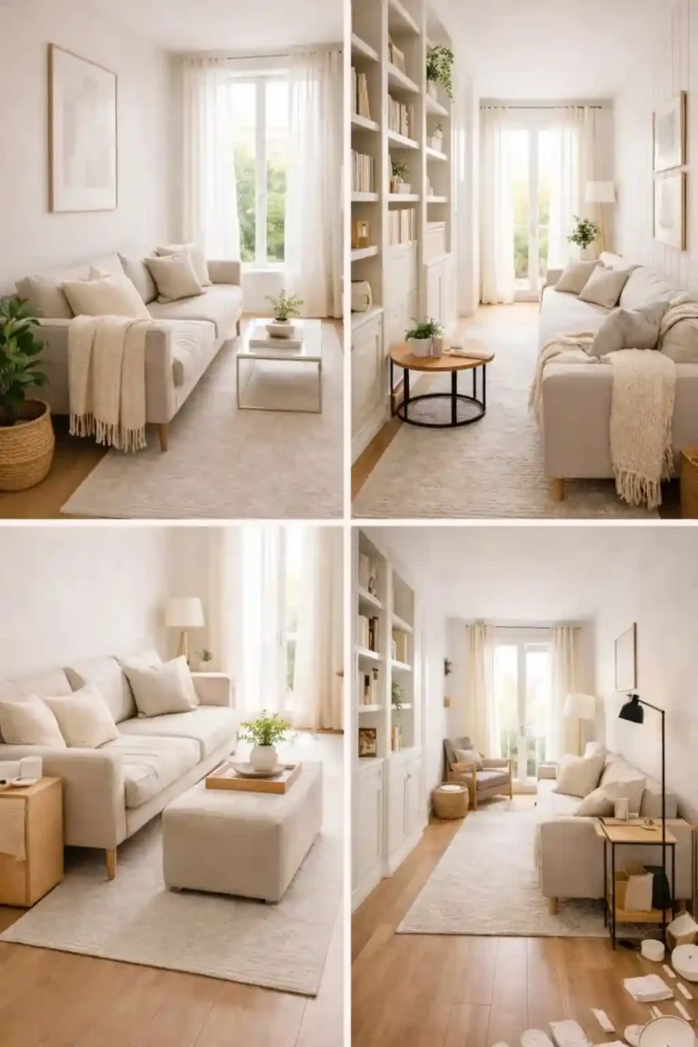 Pinterest-style collage of narrow living room ideas with four cozy modern layouts in neutral tones
