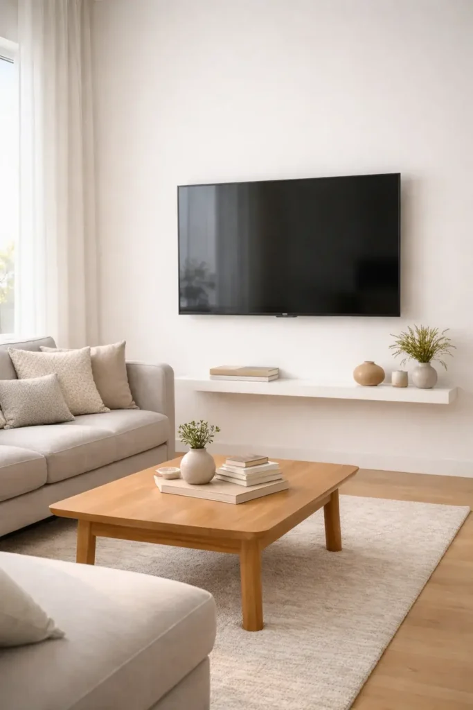 Minimalist living room tv wall with floating shelf and clean neutral design