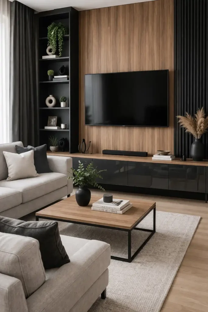 Living room tv wall mixing wood, metal, and glossy finishes for style