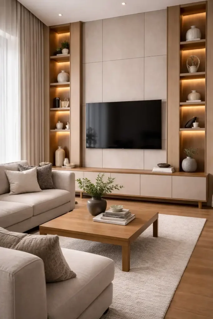 Floor to ceiling living room tv wall design with modern vertical panels