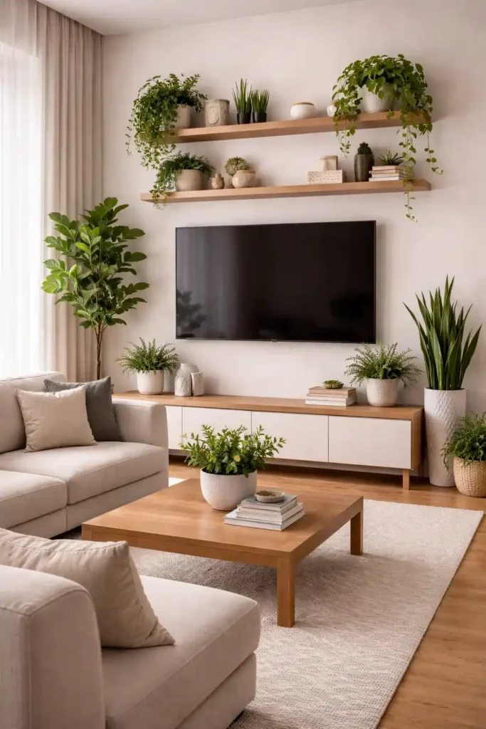 Living room tv wall decorated with indoor plants for a fresh look