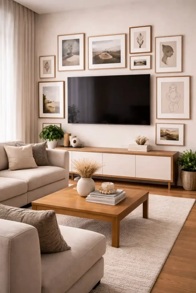 Gallery wall living room tv wall with framed art surrounding the TV