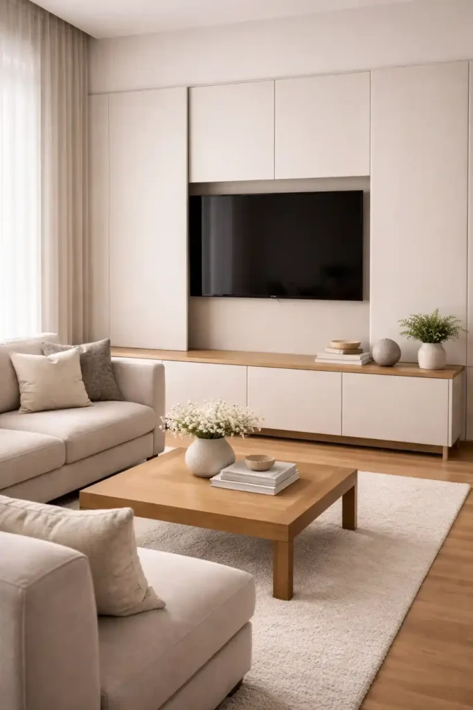 Hidden living room tv wall design with sliding panels for clean look