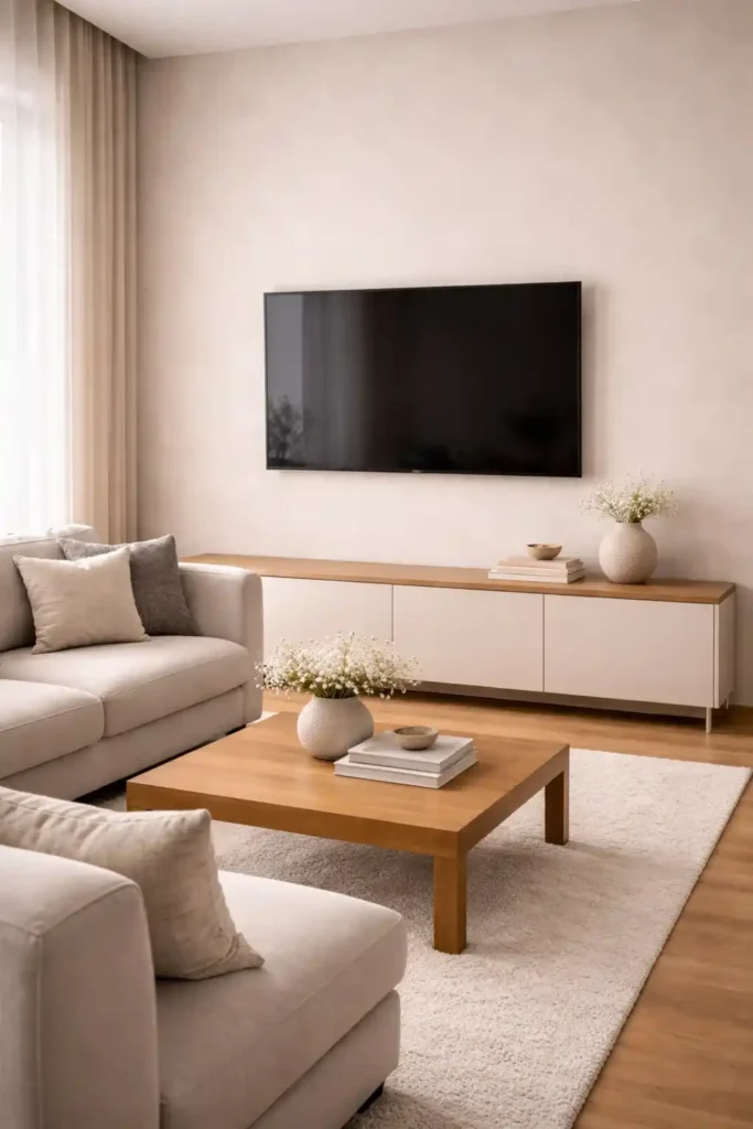 Neutral living room tv wall with simple decor and soft textured finish