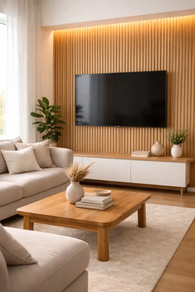 Living room tv wall with wooden panel backdrop and warm natural tones