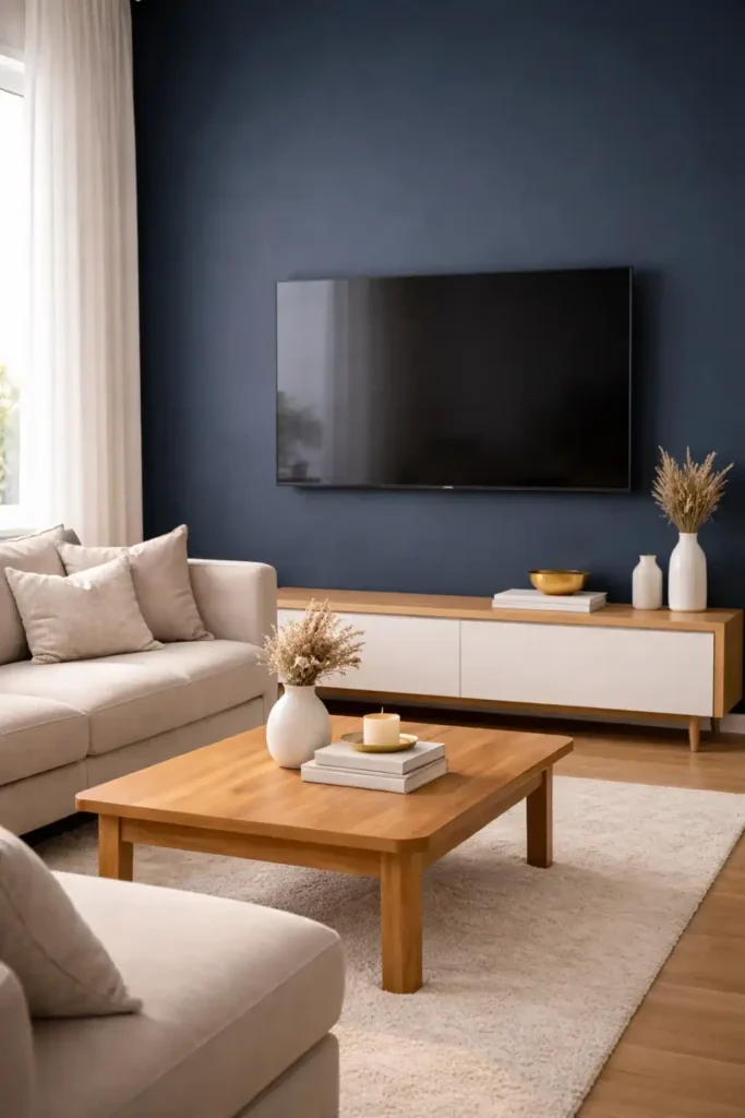 Bold living room tv wall with dark accent color and modern decor