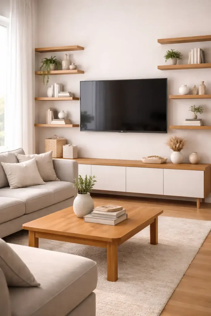 Living room tv wall with floating shelves for storage and decor styling