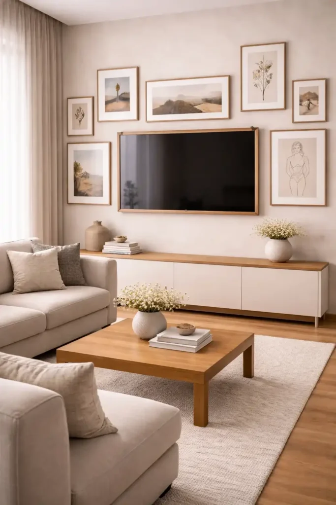 Framed living room tv wall styled like artwork with elegant decor